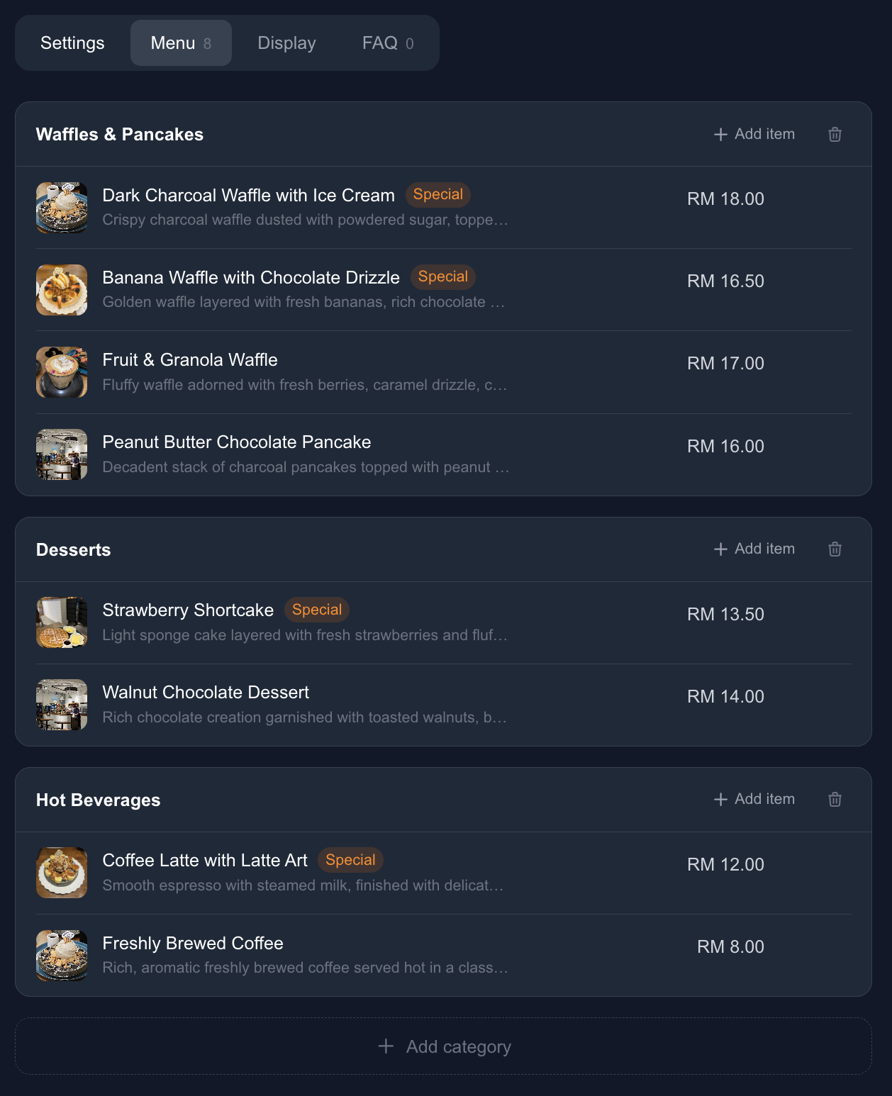 Menu items